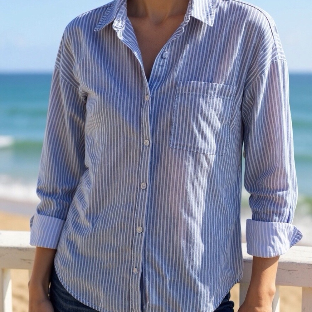 Blue and White Striped Cotton Shirt – Women’s L | Lightweight & Breezy